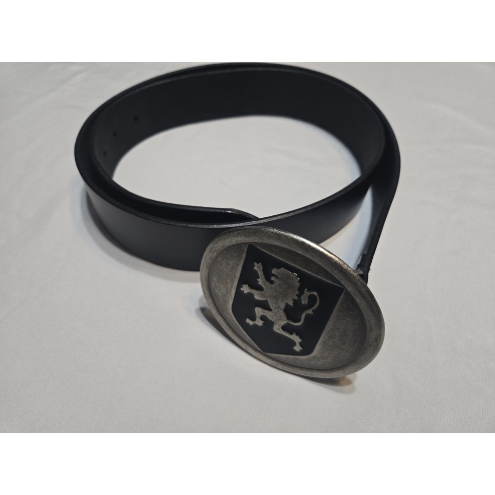 Vtg Guess Black Leather Belt & Metal Buckle LG Peugeot Griffin Lion Crest Sz 42